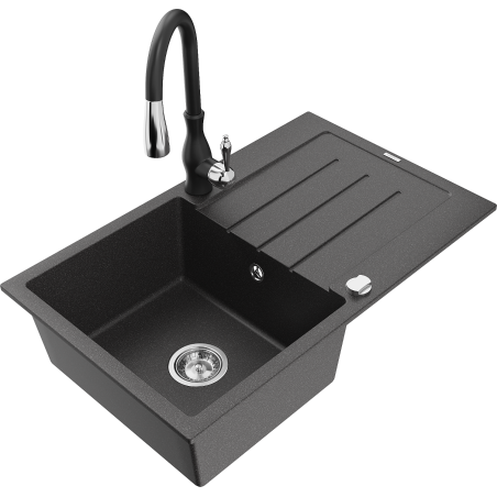 Mexen Bruno granitový dřez 1-komorový s odkapávačem a kuchyňskou baterií Savita, černý kropenatý - 6513-76-672601-70