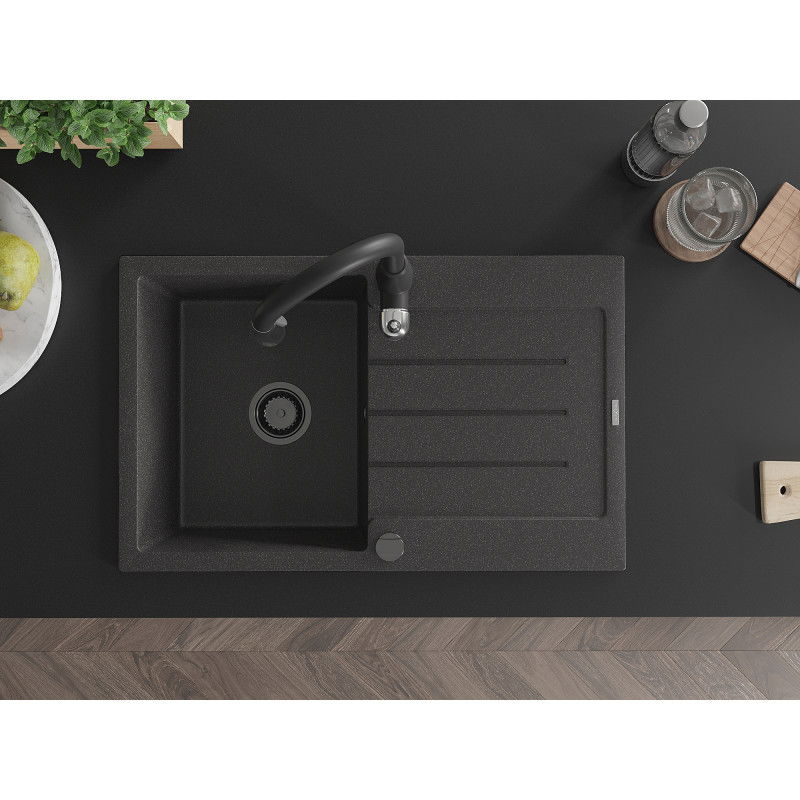 Mexen Bruno granitový dřez 1-komorový s odkapávačem a kuchyňskou baterií Savita, černý s kropením - 6513-76-672601-70-B