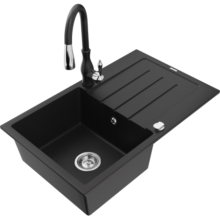 Mexen Bruno granitový dřez 1-komorový s odkapávačem a kuchyňskou baterií Savita, černý - 6513-77-672601-70