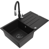 Mexen Bruno žulový kuchyňský dřez s jednou komorou, odkapávačem a kuchyňskou baterií Savita, černý - 6513-77-672601-70-B