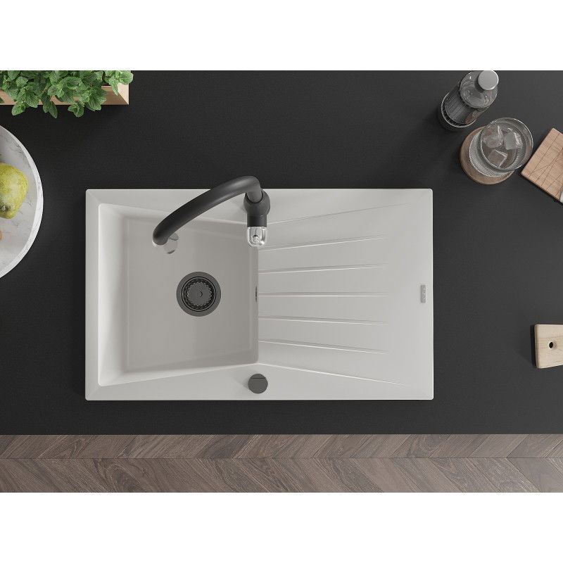 Mexen Cesar granitový dřez 1-komorový s odkapávačem a kuchyňskou baterií Savita, bílý - 6514-20-672601-70