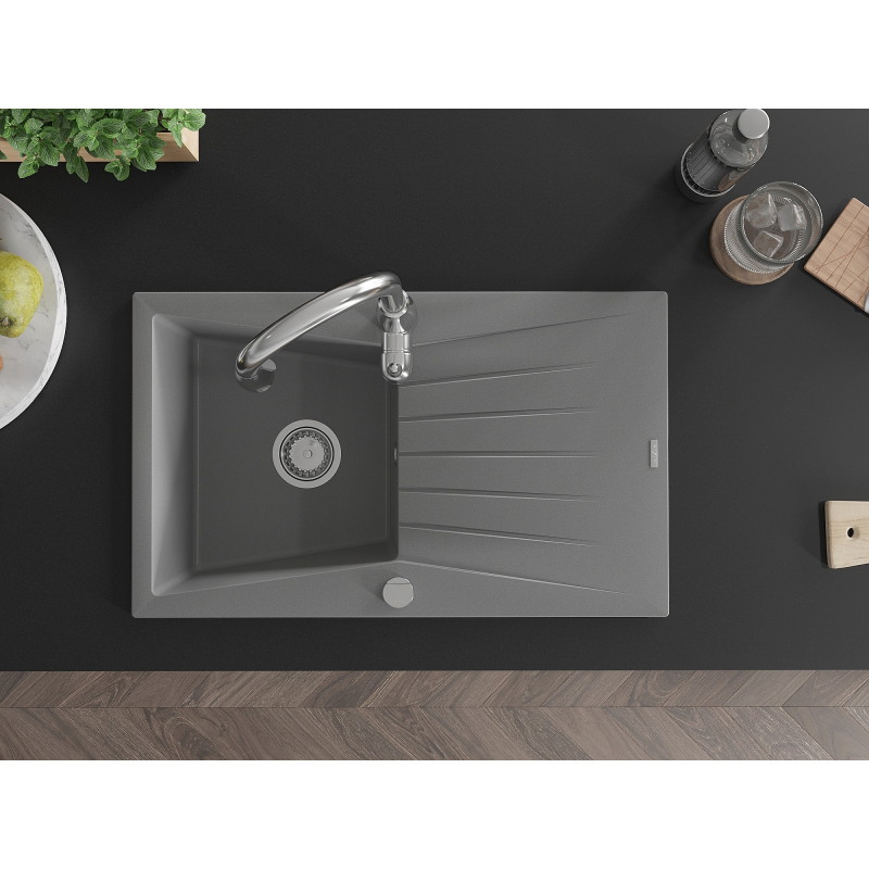 Mexen Cesar granitový dřez s 1 komorou, odkapávačem a kuchyňskou baterií Savita, šedý - 6514-71-672601-00