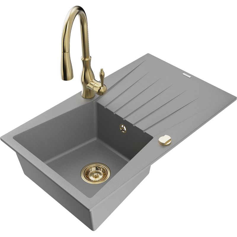 Mexen Cesar žulový dřez 1-komorový s odkapávačem a kuchyňskou baterií Savita, šedý - 6514-71-672601-50