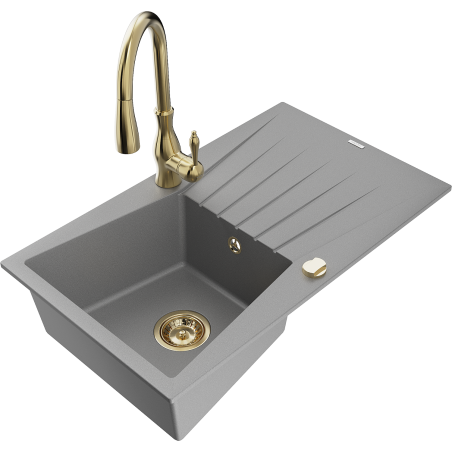 Mexen Cesar žulový dřez 1-komorový s odkapávačem a kuchyňskou baterií Savita, šedý - 6514-71-672601-50