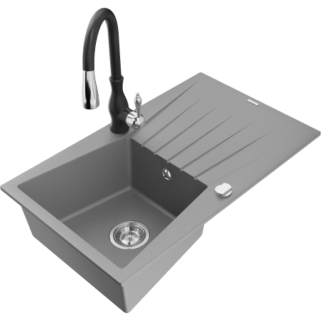 Mexen Cesar granitový dřez 1-komorový s odkapávačem a kuchyňskou baterií Savita, šedý - 6514-71-672601-70