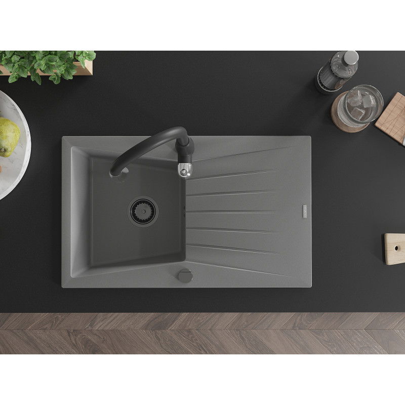 Mexen Cesar žulový dřez s 1 komorou, odkapem a kuchyňskou baterií Savita, šedý - 6514-71-672601-70-B