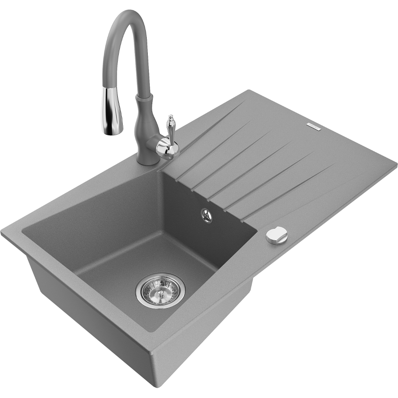 Mexen Cesar granitový dřez s 1 komorou, odkapávačem a kuchyňskou baterií Savita, šedý - 6514-71-672601-71
