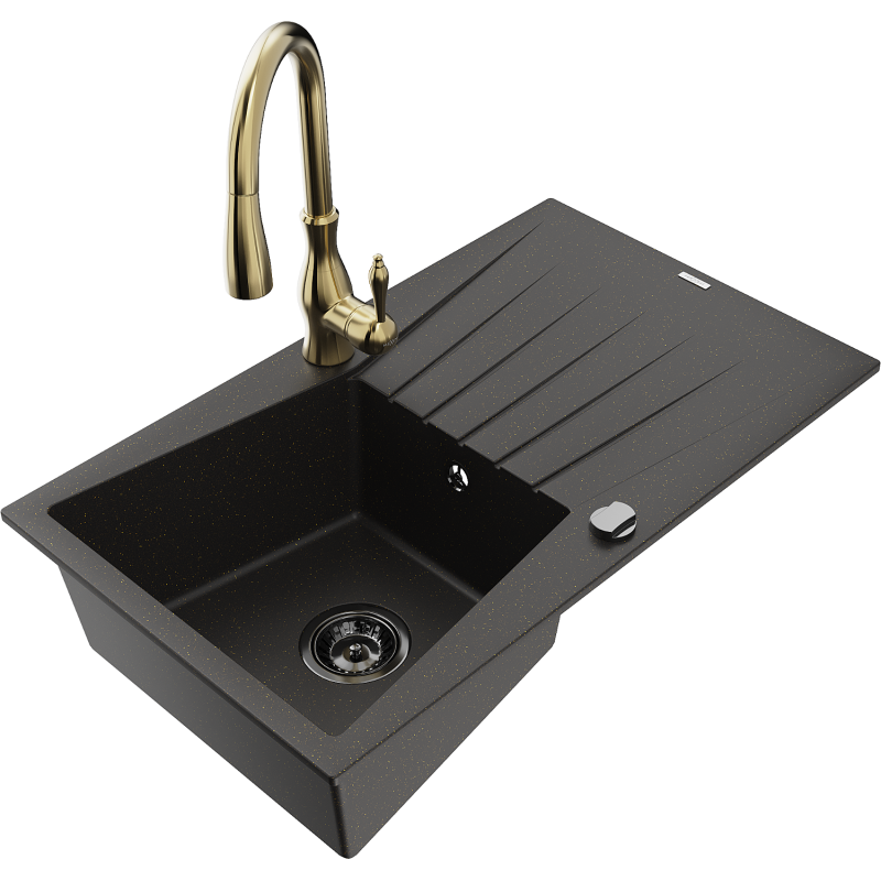 Mexen Cesar žulový dřez 1-komorový s odkapávačem a kuchyňskou baterií Savita, černý/zlatý metalický - 6514-75-672601-50-B