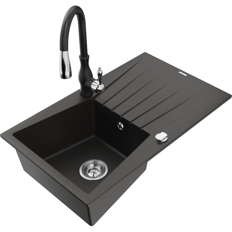 Mexen Cesar granitový dřez 1-komorový s odkapávačem a kuchyňskou baterií Savita, černý/zlatý metalic - 6514-75-672601-70