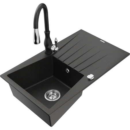Mexen Cesar granitový dřez 1-komorový s odkapávačem a kuchyňskou baterií Savita, černý/zlatý metalic - 6514-75-672601-70