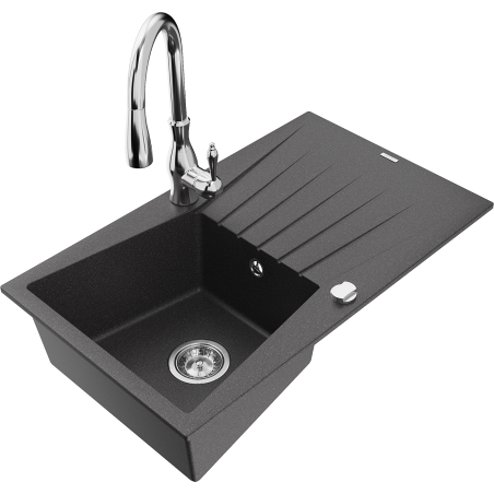 Mexen Cesar granitový dřez 1-komorový s odkapávačem a kuchyňskou baterií Savita, černý s tečkami - 6514-76-672601-00