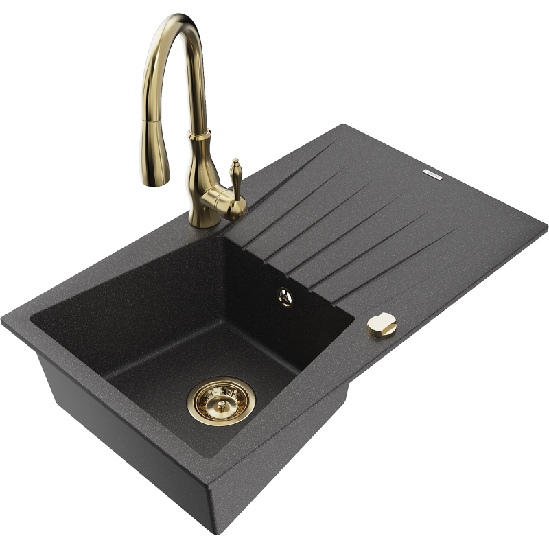 Mexen Cesar dřez granitový 1-komorový s odkapávací plochou a kuchyňskou baterií Savita, černý posetý - 6514-76-672601-50