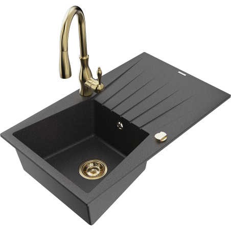 Mexen Cesar dřez granitový 1-komorový s odkapávací plochou a kuchyňskou baterií Savita, černý posetý - 6514-76-672601-50
