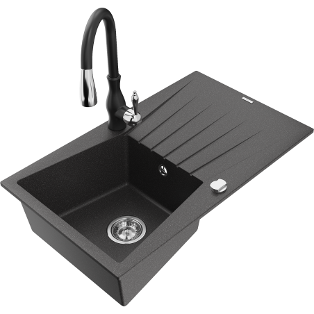 Mexen Cesar žulový dřez 1-komorový s odkapávačem a kuchyňskou baterií Savita, černý skvrnitý - 6514-76-672601-70