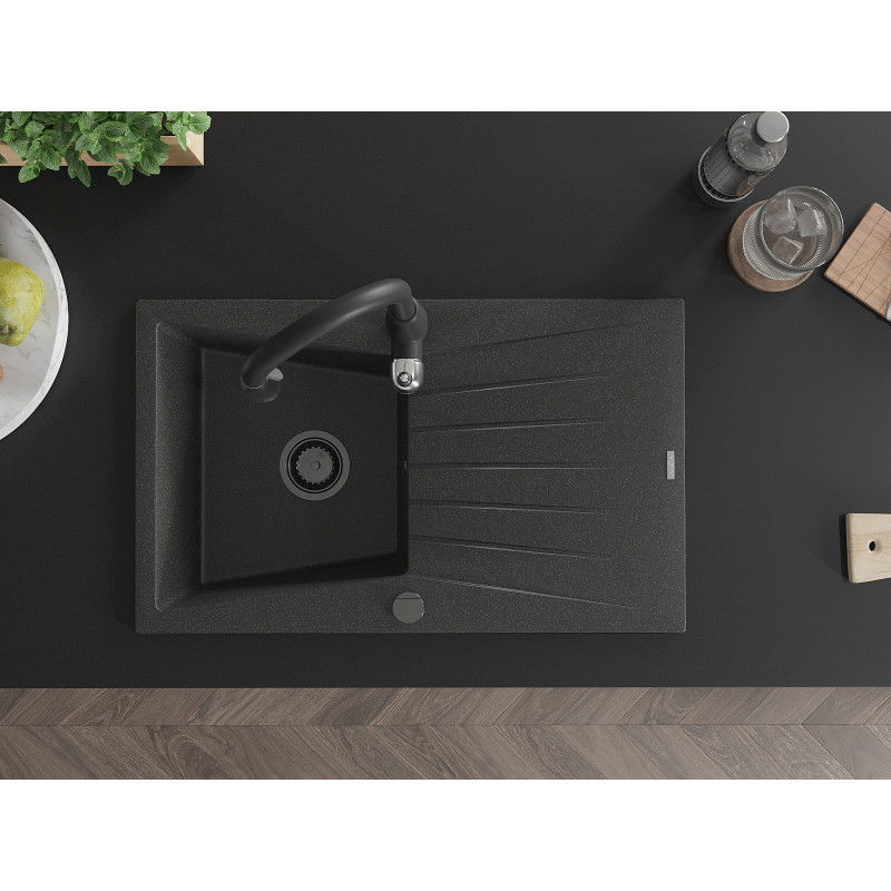 Mexen Cesar granitový dřez 1-komorový s odkapávačem a kuchyňskou baterií Savita, černý skvrnitý - 6514-76-672601-70-B