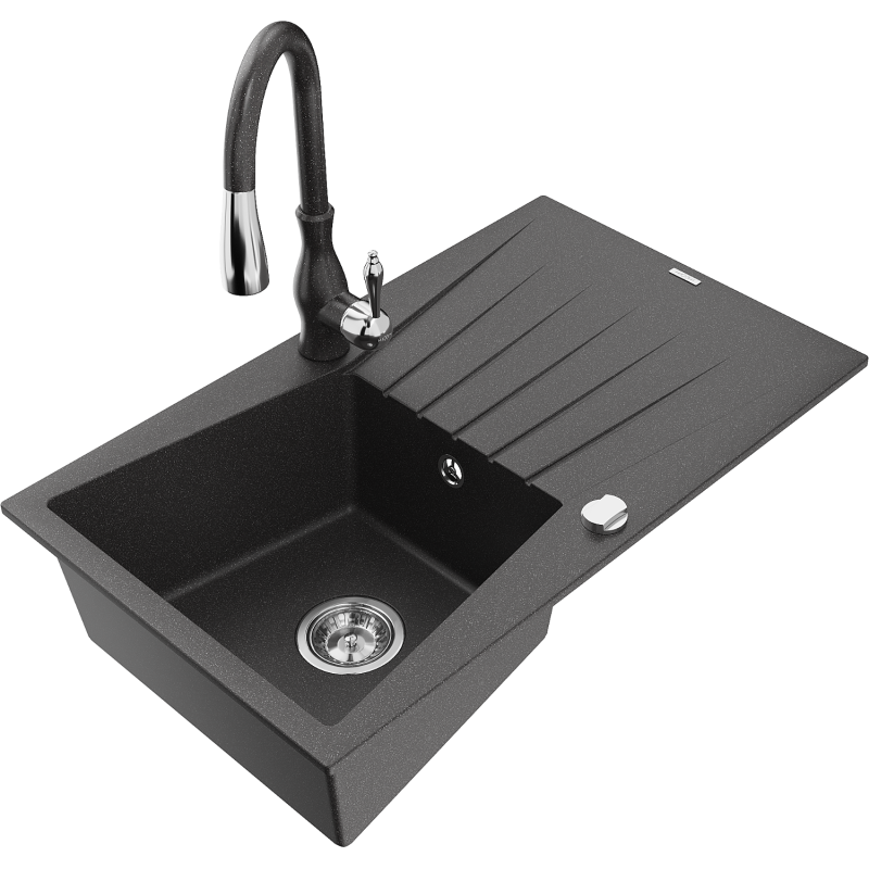 Mexen Cesar granitový dřez 1-komorový s odkapávačem a kuchyňskou baterií Savita, černý skvrnitý - 6514-76-672601-76
