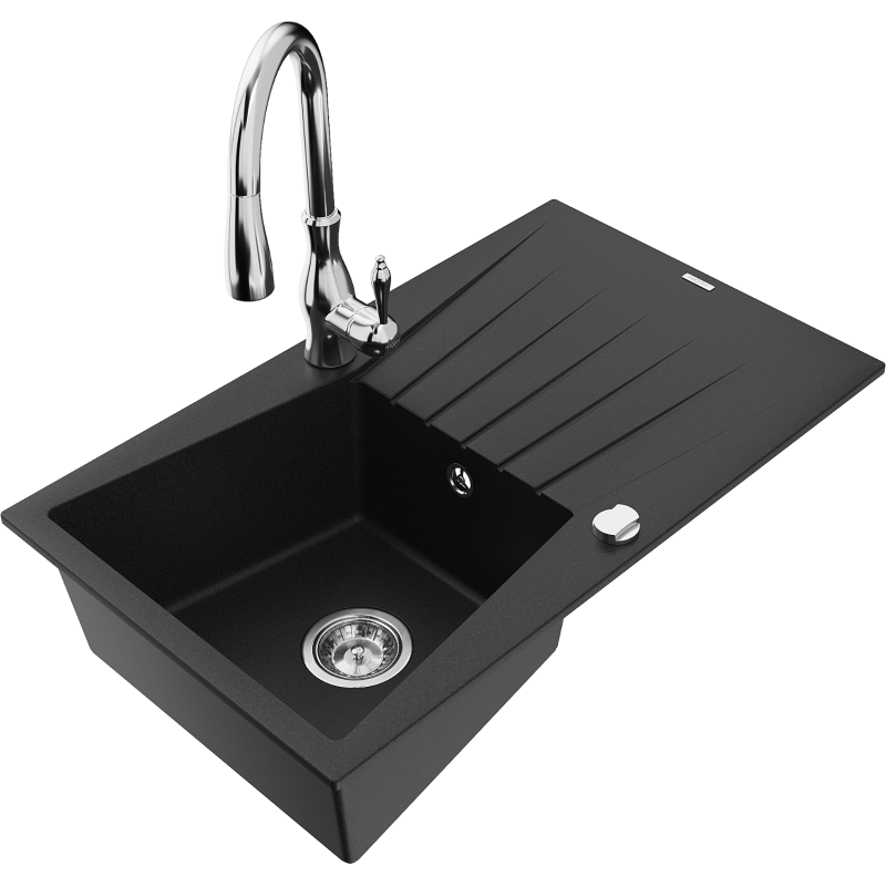Mexen Cesar granitový dřez 1-komorový s odkapávačem a kuchyňskou baterií Savita, černý - 6514-77-672601-00
