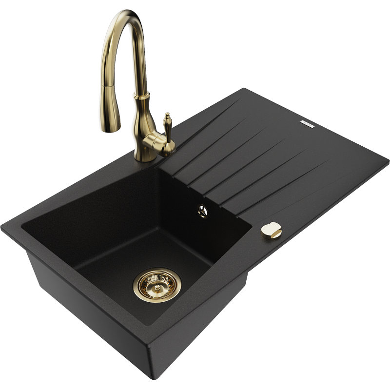 Mexen Cesar granitový dřez s 1 komorou, odkapávačem a kuchyňská baterie Savita, černá - 6514-77-672601-50