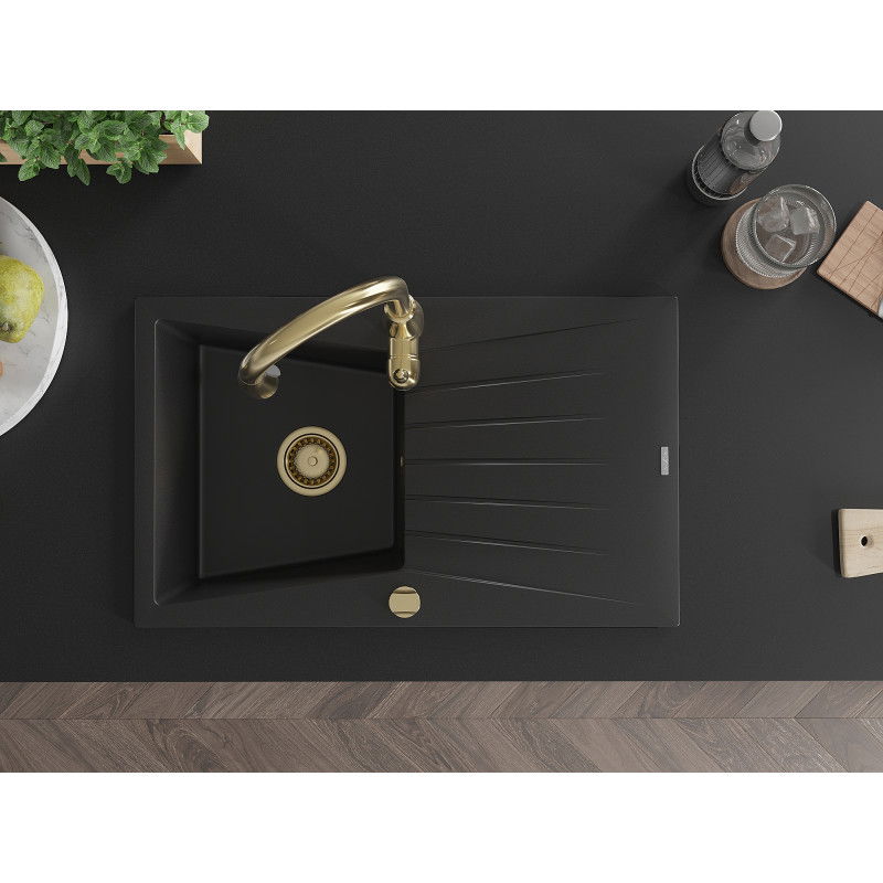 Mexen Cesar granitový dřez s 1 komorou, odkapávačem a kuchyňská baterie Savita, černá - 6514-77-672601-50
