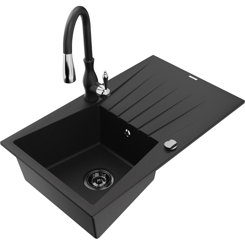 Mexen Cesar granitový dřez 1-komorový s odkapávačem a kuchyňskou baterií Savita, černý - 6514-77-672601-70-B
