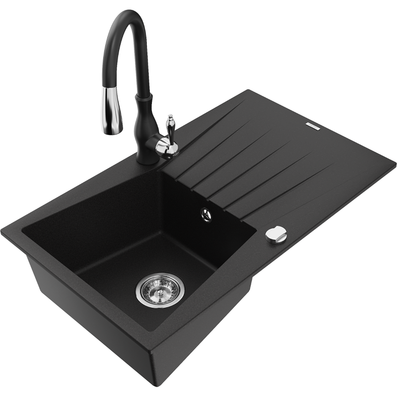 Mexen Cesar granitový dřez s 1 komorou a odkapávačem a kuchyňskou baterií Savita, černý - 6514-77-672601-70