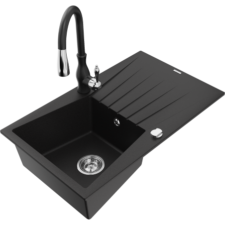 Mexen Cesar granitový dřez s 1 komorou a odkapávačem a kuchyňskou baterií Savita, černý - 6514-77-672601-70