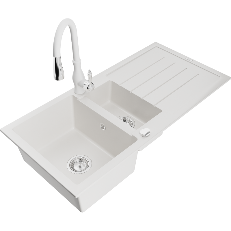 Mexen Andres granitový dřez 1,5-komorový s odkapávačem a kuchyňskou baterií Savita, bílý - 6515-20-672601-20