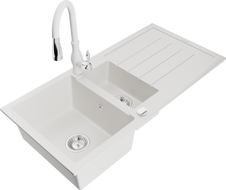 Mexen Andres granitový dřez 1,5-komorový s odkapávačem a kuchyňskou baterií Savita, bílý - 6515-20-672601-20