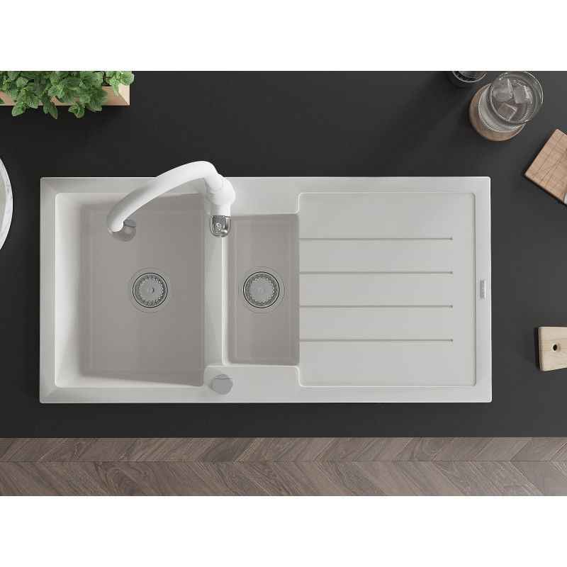 Mexen Andres granitový dřez 1,5-komorový s odkapávačem a kuchyňskou baterií Savita, bílý - 6515-20-672601-20