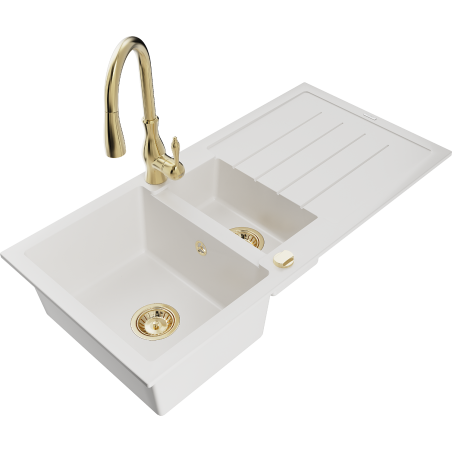 Mexen Andres granitový dřez 1,5-komorový s odkapávačem a kuchyňskou baterií Savita, bílý - 6515-20-672601-50