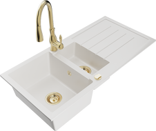 Mexen Andres granitový dřez 1,5-komorový s odkapávačem a kuchyňskou baterií Savita, bílý - 6515-20-672601-50