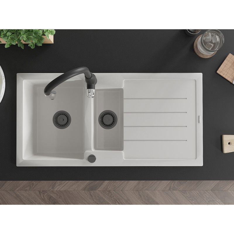 Mexen Andres granitový dřez 1,5-komorový s odkapávačem a kuchyňskou baterií Savita, bílý - 6515-20-672601-70