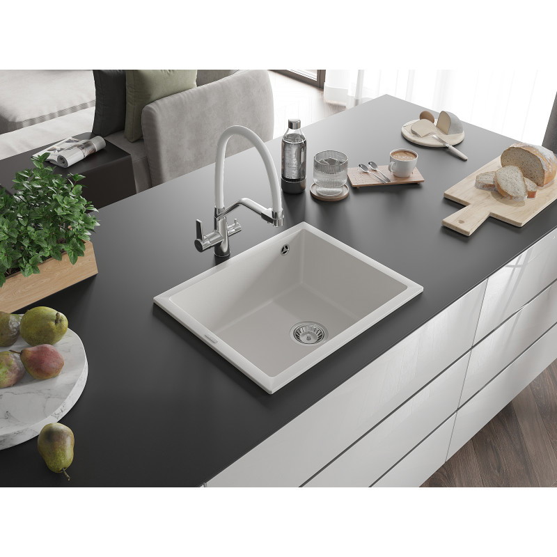 Mexen Pedro granitový dřez s jednou komorou 560 x 460 mm, bílý, sifon chrom - 6508561000-20