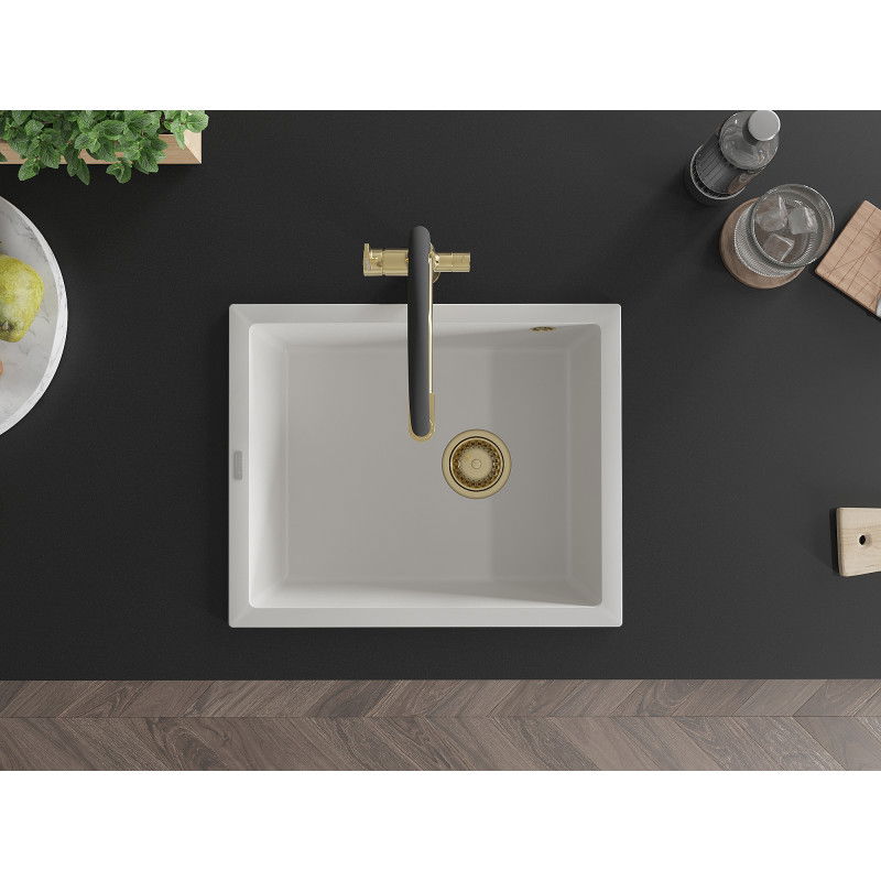 Mexen Pedro granitový dřez 1-komorový 560 x 460 mm, bílý, zlatý sifon - 6508561000-20-G