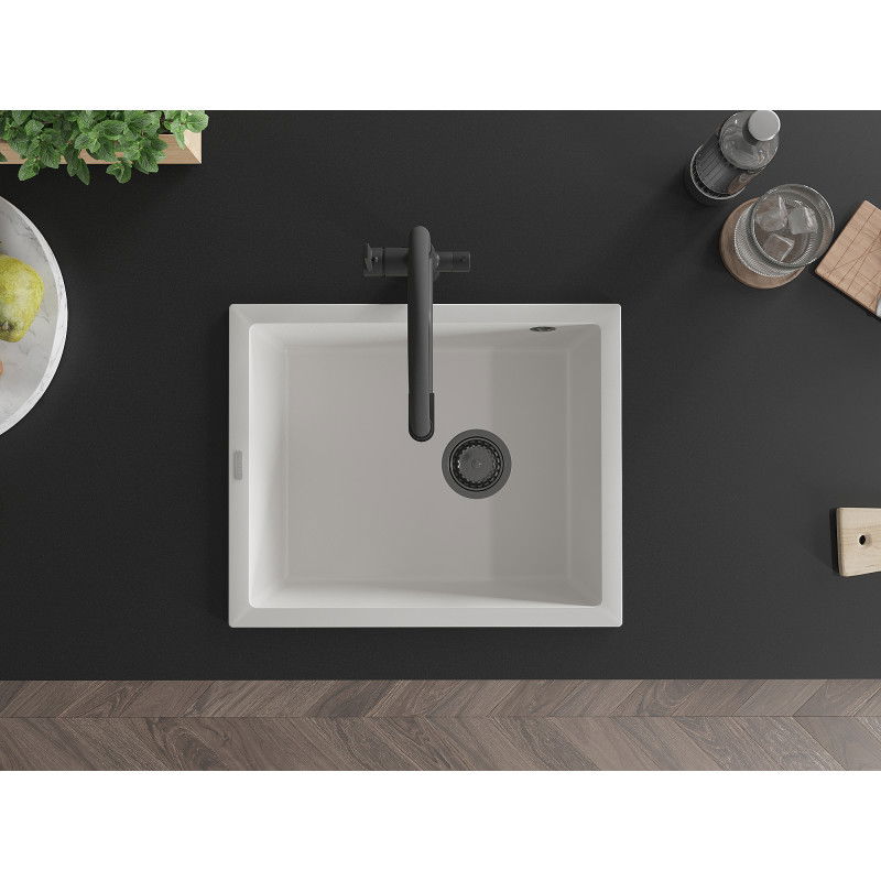 Mexen Pedro granitový dřez 1-komorový 560 x 460 mm, bílý, černý sifon - 6508561000-20-B