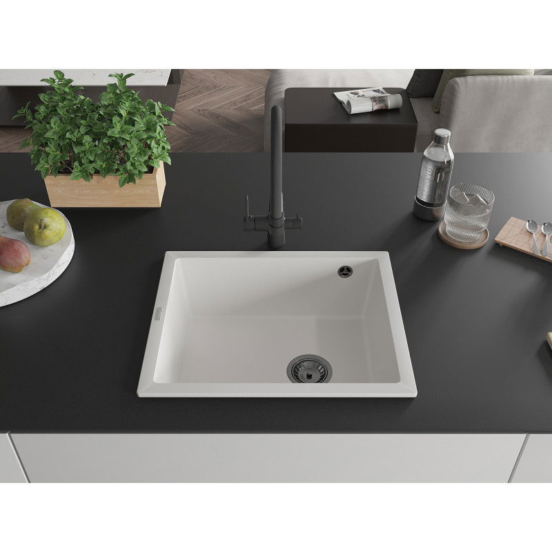 Mexen Pedro granitový dřez 1-komorový 560 x 460 mm, bílý, černý sifon - 6508561000-20-B