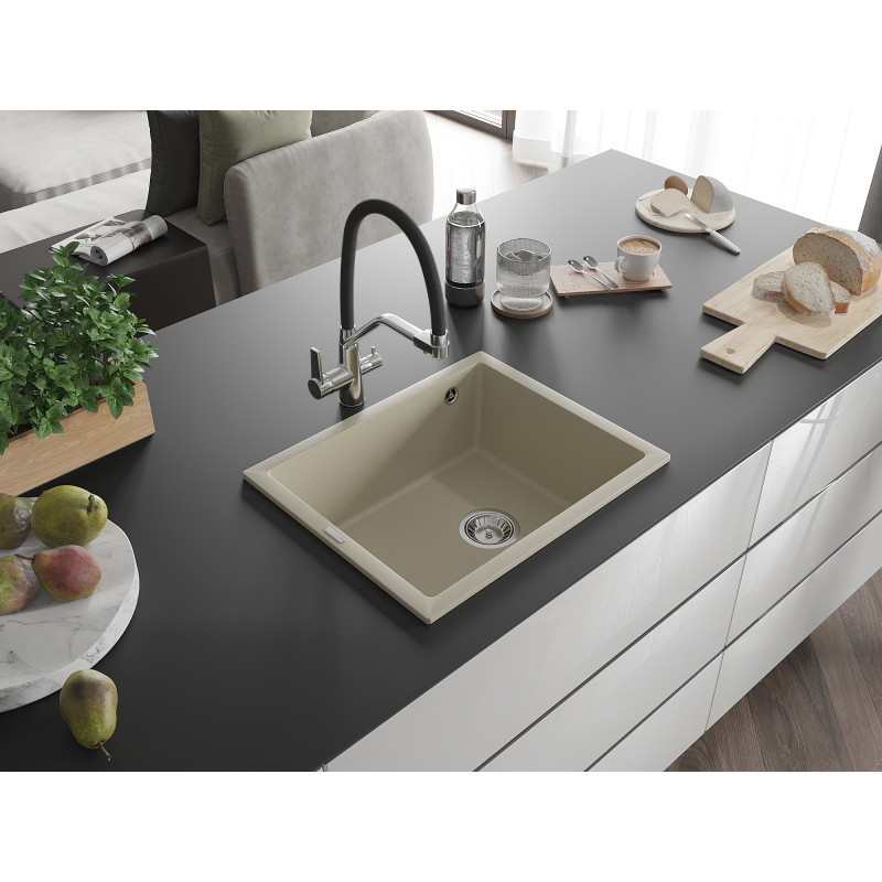 Mexen Pedro granitový dřez 1-komorový 560 x 460 mm, béžový, sifon chrom - 6508561000-69
