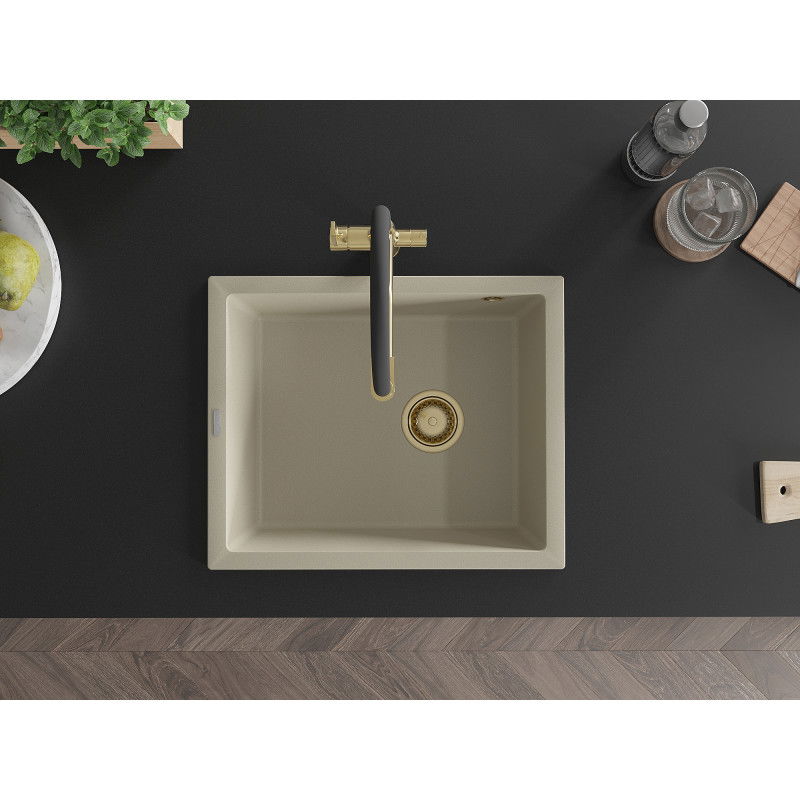 Mexen Pedro žulový dřez 1-komorový 560 x 460 mm, béžový, sifon zlatý - 6508561000-69-G