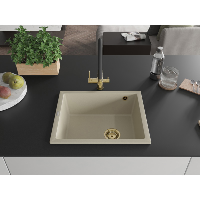 Mexen Pedro granitový dřez 1-komorový 560 x 460 mm, béžový, zlatý sifon - 6508561000-69-G