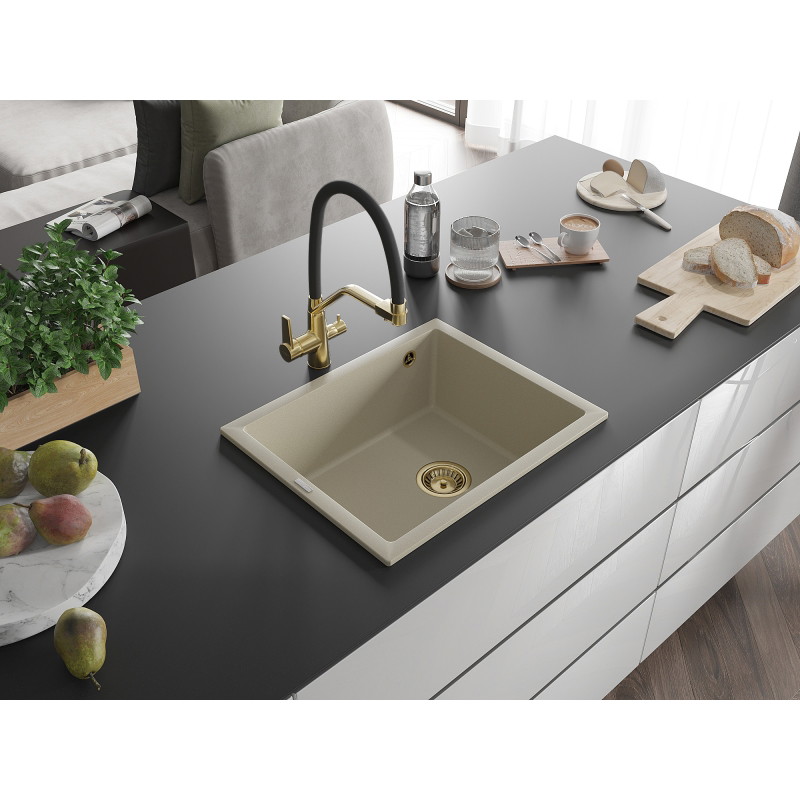 Mexen Pedro granitový dřez 1-komorový 560 x 460 mm, béžový, sifon zlatý - 6508561000-69-G