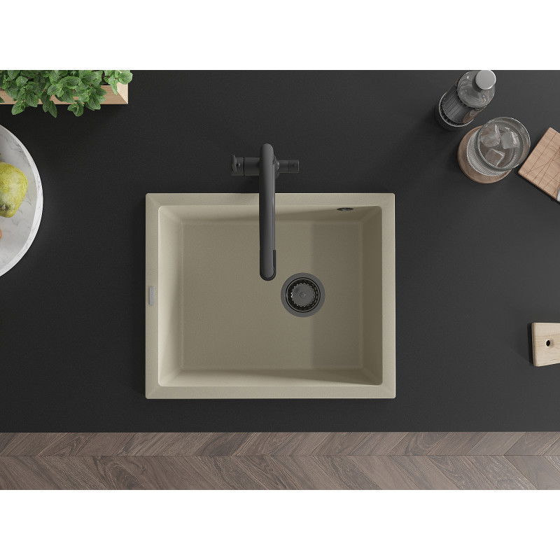Mexen Pedro granitový dřez jednodřez 560 x 460 mm, béžový, černý sifon - 6508561000-69-B