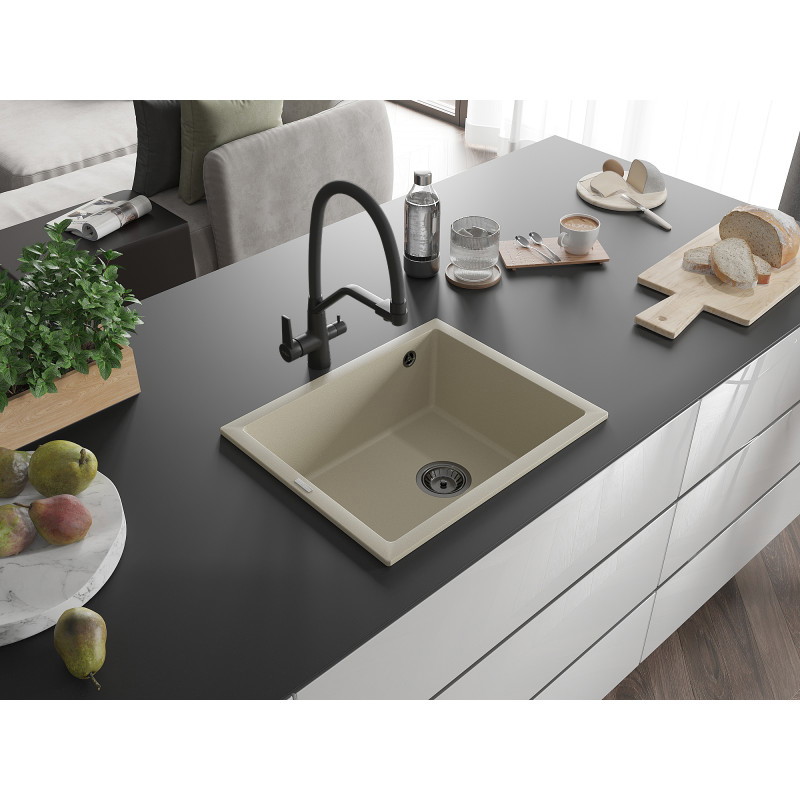 Mexen Pedro granitový dřez 1-komorový 560 x 460 mm, béžový, černý sifon - 6508561000-69-B