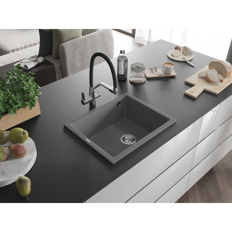 Mexen Pedro granitový dřez 1-komorový 560 x 460 mm, šedý, sifon chrom - 6508561000-71