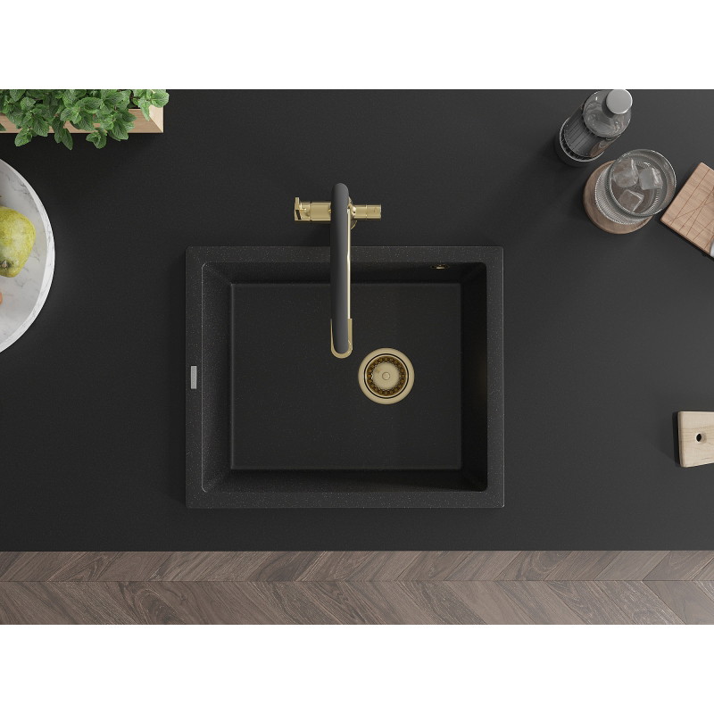 Mexen Pedro granitový dřez 1-komorový 560 x 460 mm, černý/stříbrný metalik, zlatý sifon - 6508561000-73-G