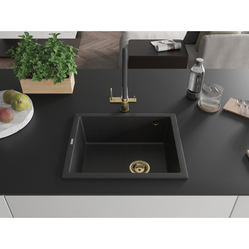 Mexen Pedro granitový dřez 1-komorový 560 x 460 mm, černý/stříbrný metalický, zlatý sifon - 6508561000-73-G