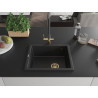 Mexen Pedro granitový dřez 1-komorový 560 x 460 mm, černý/stříbrný metalický, zlatý sifon - 6508561000-73-G
