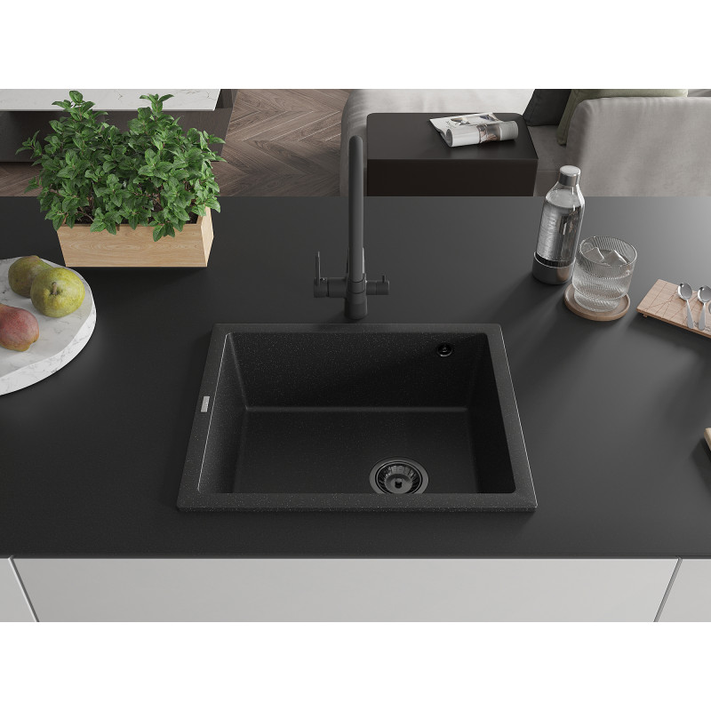 Mexen Pedro granitový dřez s 1 komorou 560 x 460 mm, černý/stříbrný metalický, černý sifon - 6508561000-73-B