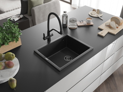 Mexen Pedro granitový dřez s 1 komorou 560 x 460 mm, černý/stříbrný metalický, černý sifon - 6508561000-73-B