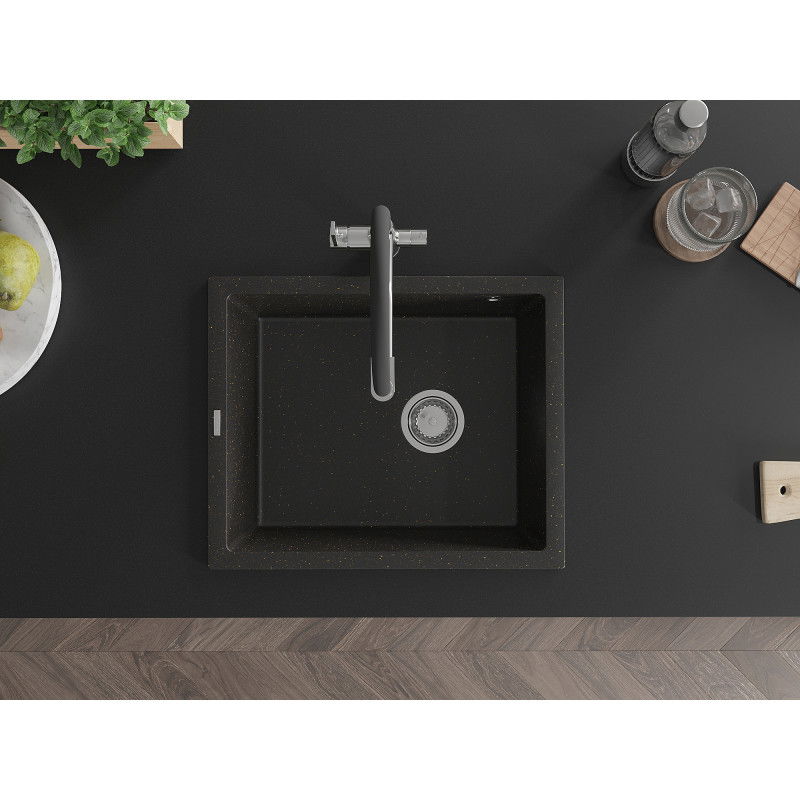 Mexen Pedro kuchyňský dřez z granitu 1-komorový 560 x 460 mm, černý/zlatý metalik, sifon chrom - 6508561000-75