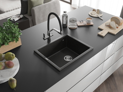 Mexen Pedro kuchyňský dřez z granitu 1-komorový 560 x 460 mm, černý/zlatý metalik, sifon chrom - 6508561000-75